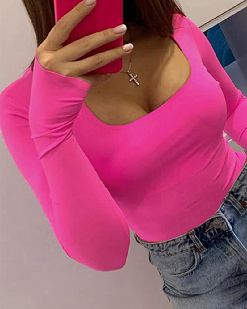 BelleLovin Women's Square Neck Long Sleeve T-shirt Basic Bodysuit Jumpsuits (Rose Pink, Large) - Image 4